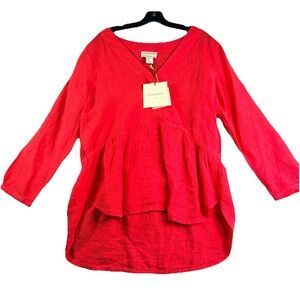 Cynthia Rowley Linen Tunic Top Women's L Pink  Boho Beachy V Neck NWT
